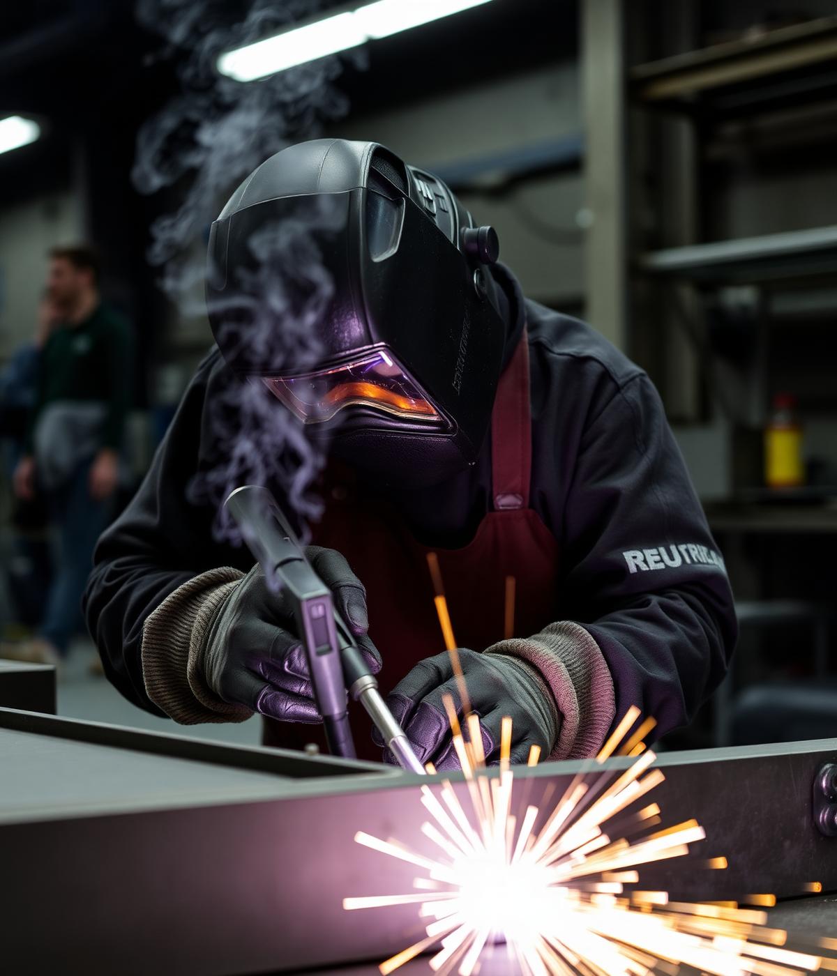 Experienced welders in St. Kitts Skeete Welding craftsman welding a steel frame at the Camps workshop, St. Kitts